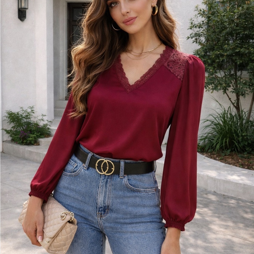 Elegant Burgundy V-Neck Blouse with Lace AccentsNWT